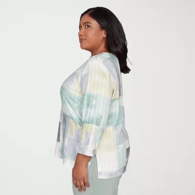 Alfred Dunner Stockbridge Womens Plus Split Crew Neck 3/4 Sleeve T-Shirt