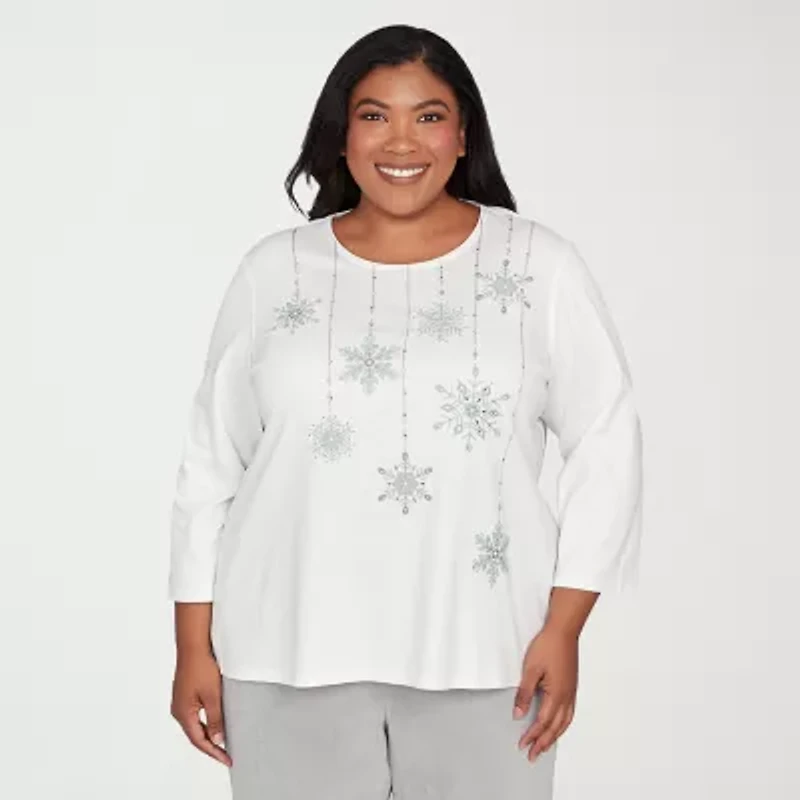 Alfred Dunner Stockbridge Womens Plus Crew Neck 3/4 Sleeve T-Shirt