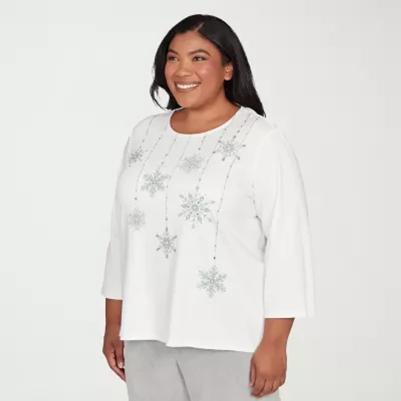 Alfred Dunner Stockbridge Womens Plus Crew Neck 3/4 Sleeve T-Shirt