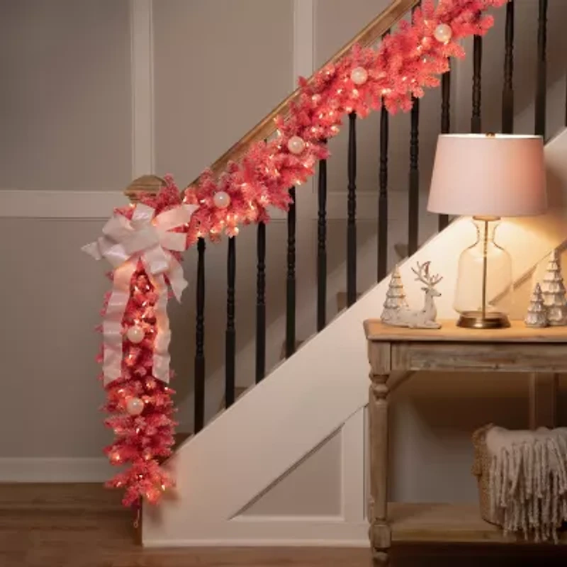 Northlight Flocked Pink With Clear Lights Pre-Lit Christmas Indoor Garland