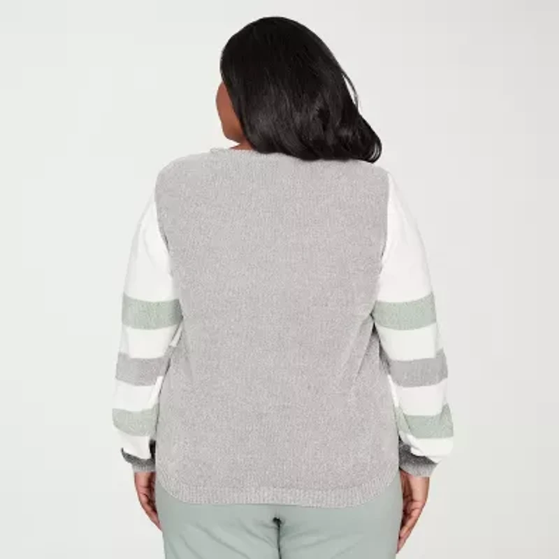 Alfred Dunner Plus Stockbridge Womens Crew Neck Long Sleeve Striped Pullover Sweater