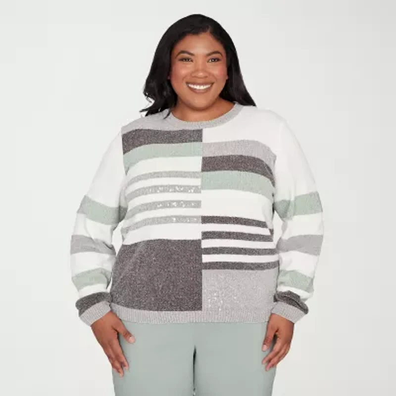 Alfred Dunner Plus Stockbridge Womens Crew Neck Long Sleeve Striped Pullover Sweater