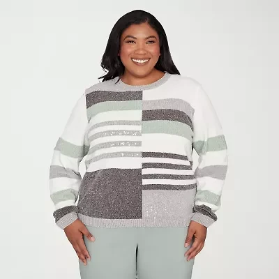 Alfred Dunner Plus Stockbridge Womens Crew Neck Long Sleeve Striped Pullover Sweater