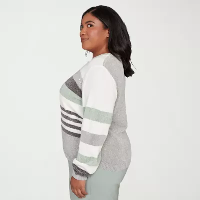 Alfred Dunner Plus Stockbridge Womens Crew Neck Long Sleeve Striped Pullover Sweater