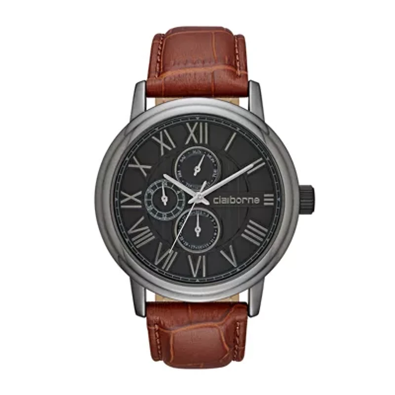 Claiborne® Mens Croc-Look Brown Leather Strap Watch