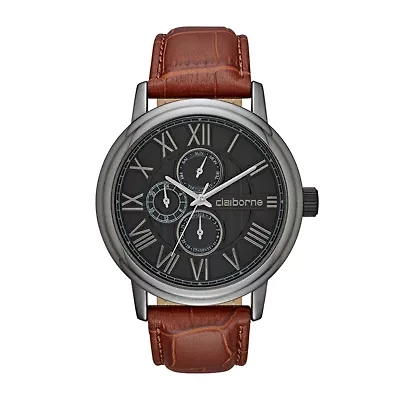 Claiborne® Mens Croc-Look Brown Leather Strap Watch