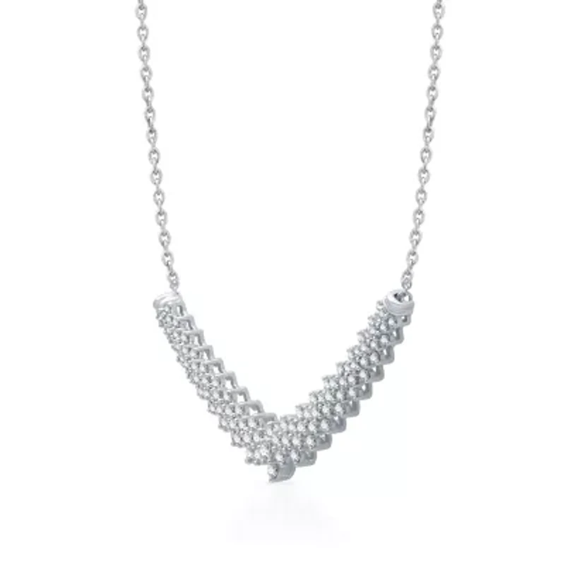 Womens White Diamond 10K White Gold 16 Inch Chevron Necklace