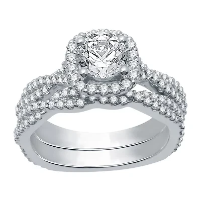 (H-I / Si1-Si2) Womens 1 5/8 CT. T.W. Lab Grown White Diamond 14K Gold Side Stone Halo Engagement Ring