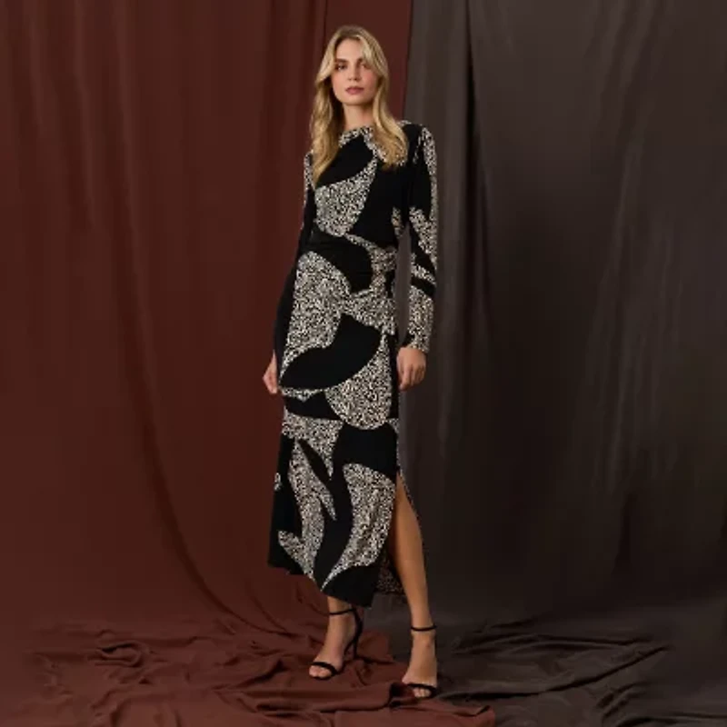 Clover And Sloane Womens Long Sleeve Midi Animal Sheath Dress