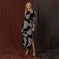 Clover And Sloane Womens Long Sleeve Midi Animal Sheath Dress
