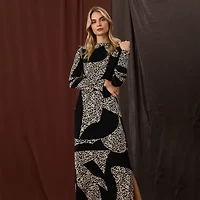 Clover And Sloane Womens Long Sleeve Midi Animal Sheath Dress