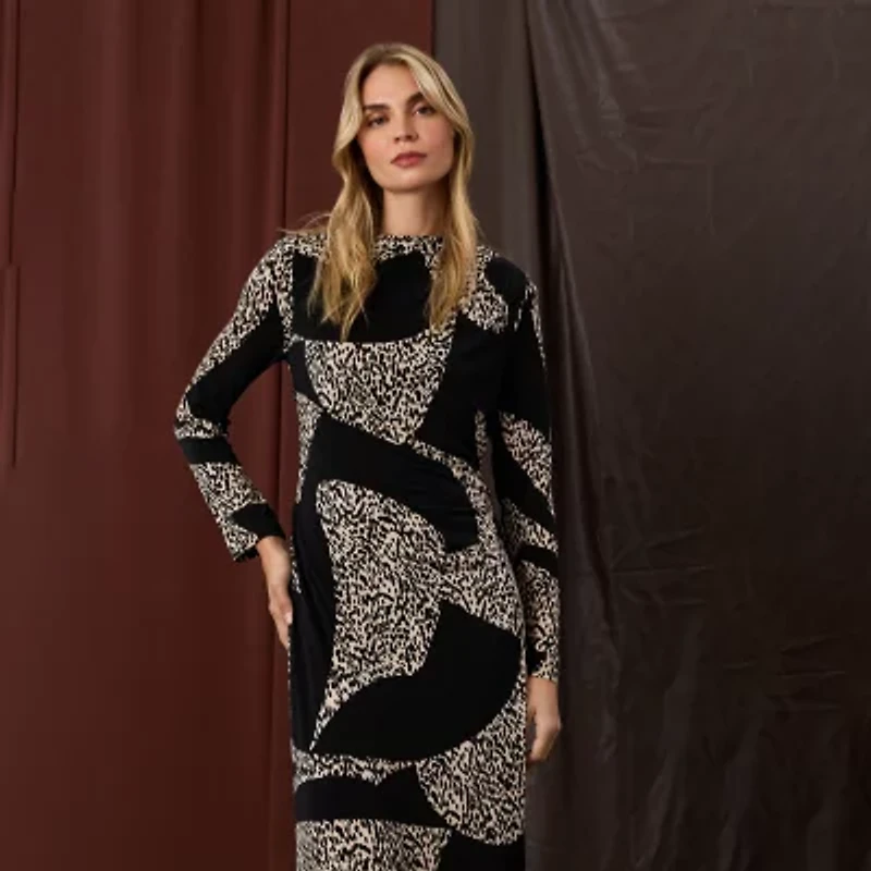 Clover And Sloane Womens Long Sleeve Midi Animal Sheath Dress