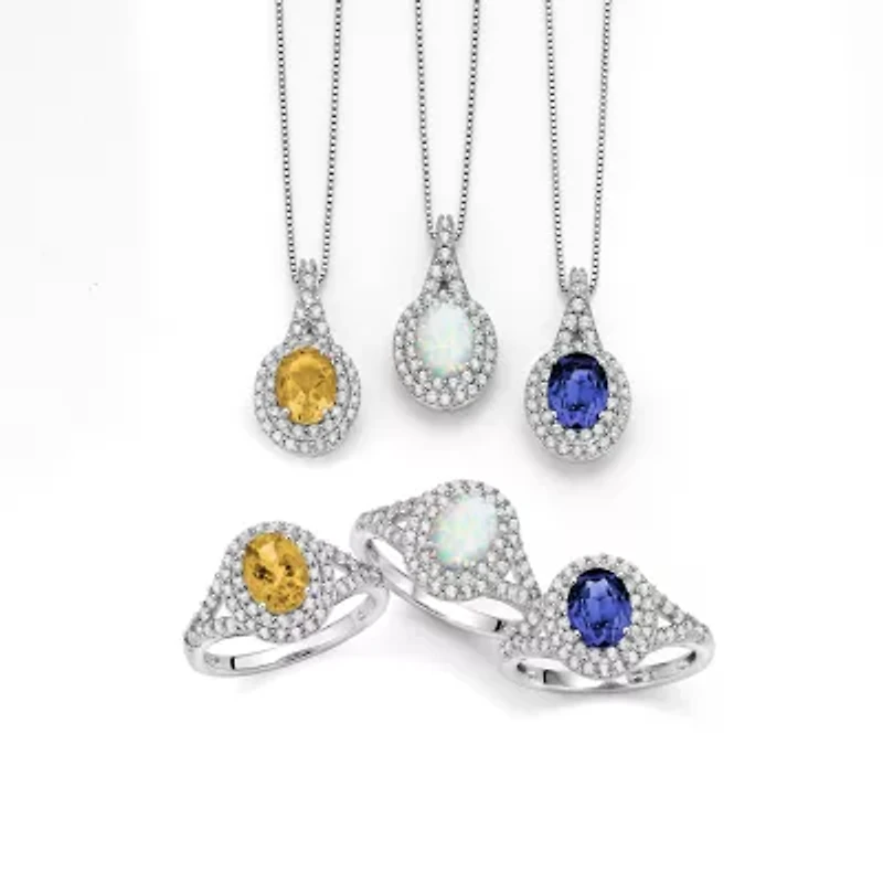 Gemstone & Lab-Created White Sapphire Sterling Silver Halo Pendant Necklace