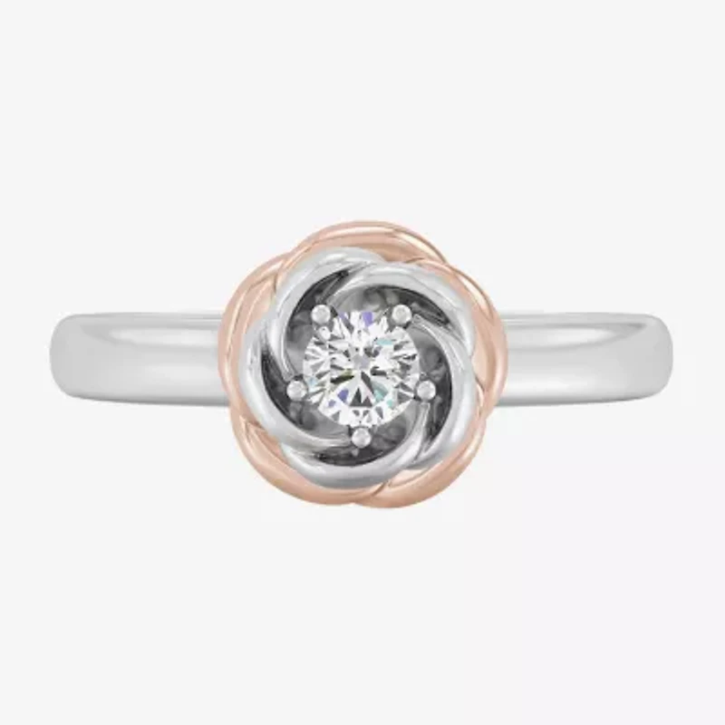 Enchanted Disney Fine Jewelry I, I2 Womens 1/4 CT. T.W. Lab Grown White Diamond 14K Rose Gold Over Silver Flower Belle Solitaire Cocktail Ring