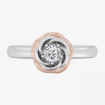 Enchanted Disney Fine Jewelry I, I2 Womens 1/4 CT. T.W. Lab Grown White Diamond 14K Rose Gold Over Silver Flower Belle Solitaire Cocktail Ring