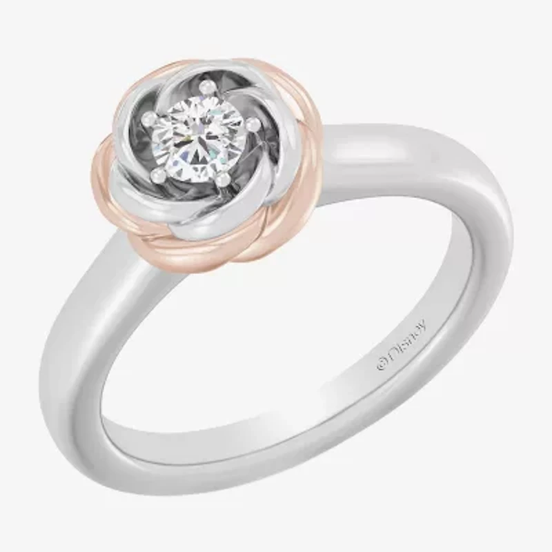 Enchanted Disney Fine Jewelry I, I2 Womens 1/4 CT. T.W. Lab Grown White Diamond 14K Rose Gold Over Silver Flower Belle Solitaire Cocktail Ring