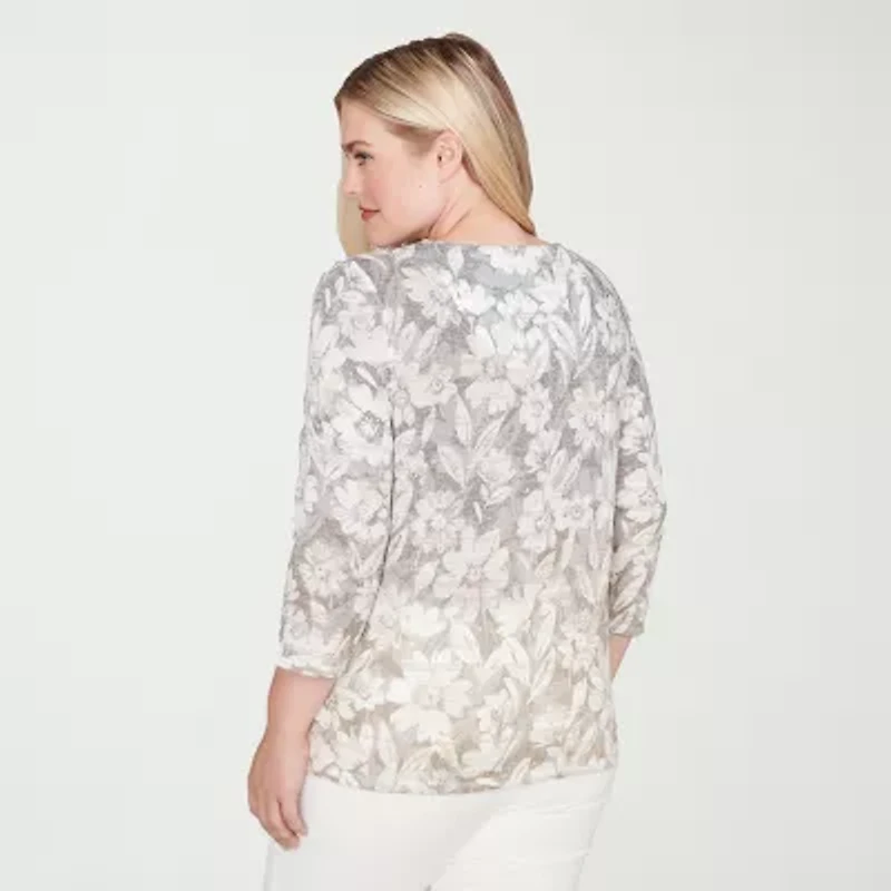 Alfred Dunner Vienna Womens Keyhole Neck 3/4 Sleeve T-Shirt