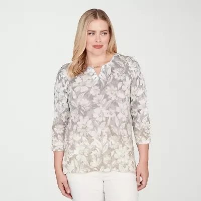 Alfred Dunner Vienna Womens Split Crew Neck 3/4 Sleeve T-Shirt