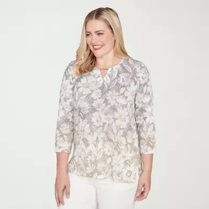 Alfred Dunner Vienna Womens Split Crew Neck 3/4 Sleeve T-Shirt