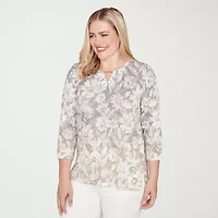 Alfred Dunner Vienna Womens Split Crew Neck 3/4 Sleeve T-Shirt