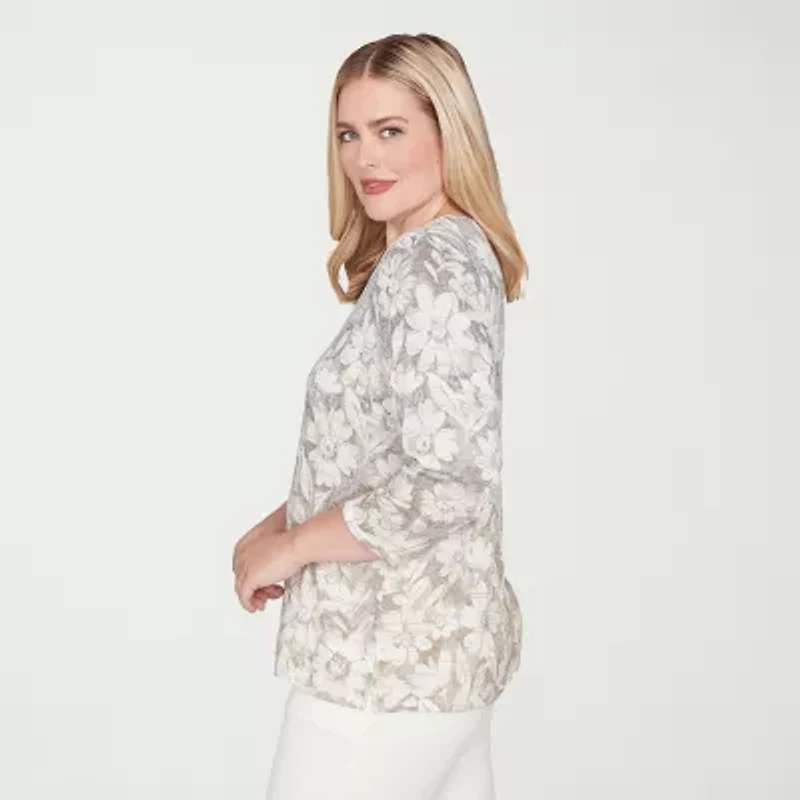 Alfred Dunner Vienna Womens Split Crew Neck 3/4 Sleeve T-Shirt