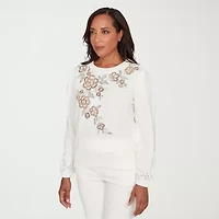 Alfred Dunner Vienna Womens Crew Neck Long Sleeve Floral Pullover Sweater