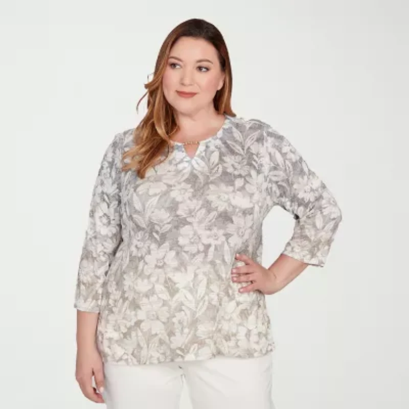 Alfred Dunner Vienna Womens Plus Keyhole Neck 3/4 Sleeve T-Shirt