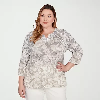 Alfred Dunner Vienna Womens Plus Keyhole Neck 3/4 Sleeve T-Shirt