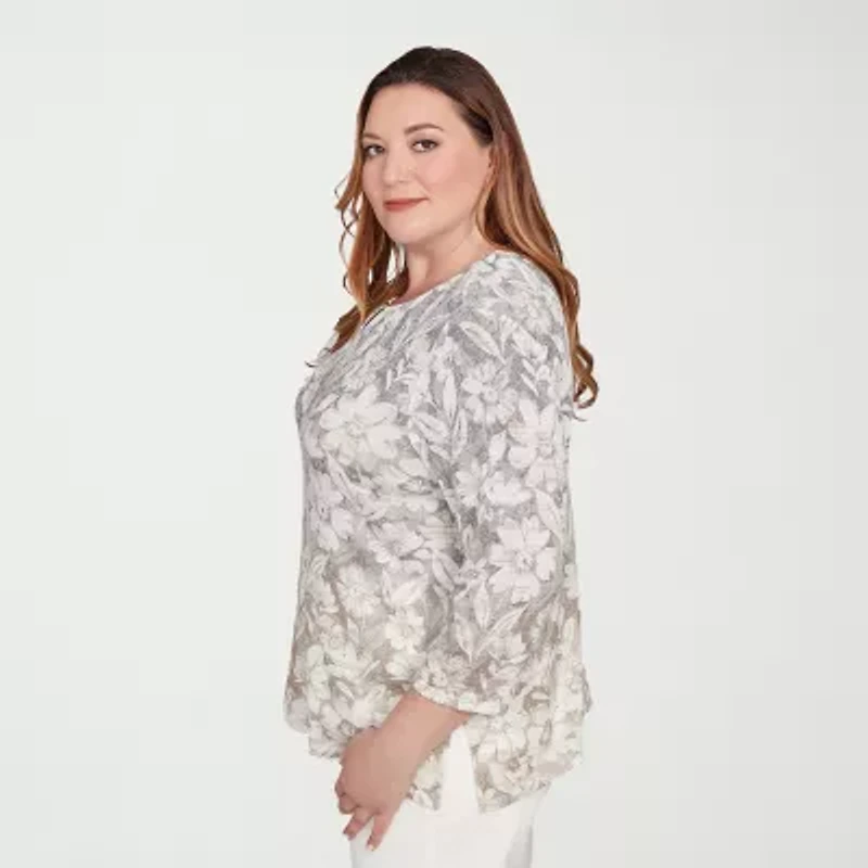 Alfred Dunner Vienna Womens Plus Keyhole Neck 3/4 Sleeve T-Shirt