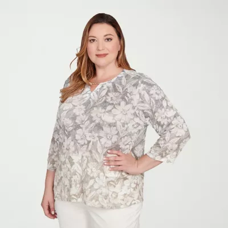 Alfred Dunner Vienna Womens Plus Keyhole Neck 3/4 Sleeve T-Shirt
