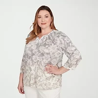 Alfred Dunner Vienna Womens Plus Keyhole Neck 3/4 Sleeve T-Shirt