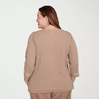 Alfred Dunner Vienna Womens Plus Crew Neck 3/4 Sleeve T-Shirt