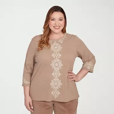 Alfred Dunner Vienna Womens Plus Crew Neck 3/4 Sleeve T-Shirt