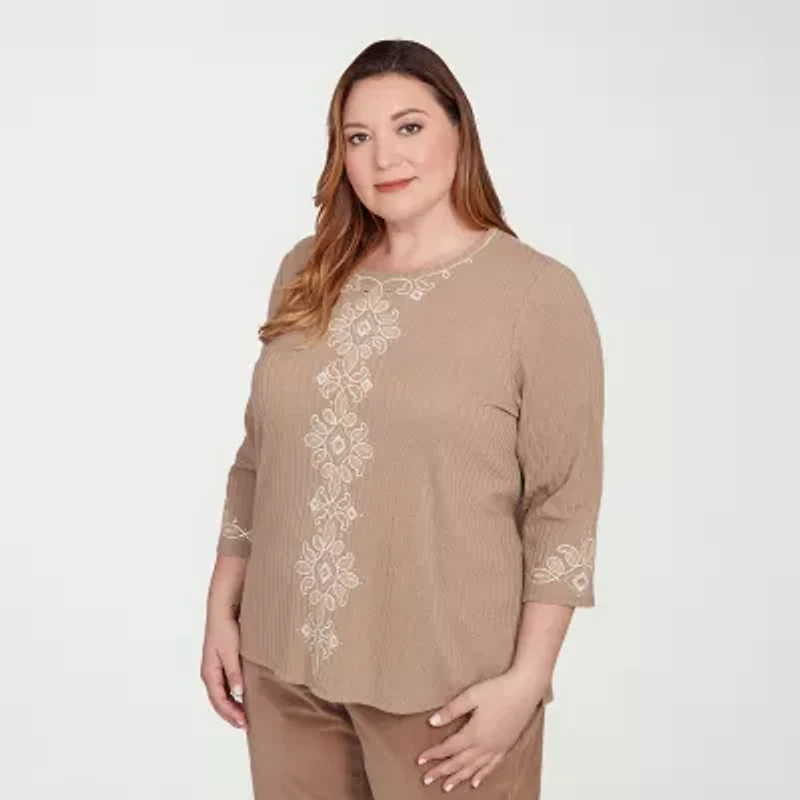 Alfred Dunner Vienna Womens Plus Crew Neck 3/4 Sleeve T-Shirt