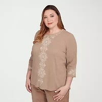 Alfred Dunner Vienna Womens Plus Crew Neck 3/4 Sleeve T-Shirt