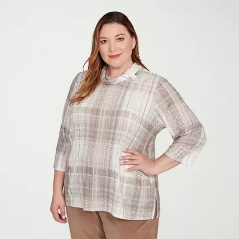 Alfred Dunner Vienna Womens Plus Cowl Neck 3/4 Sleeve T-Shirt