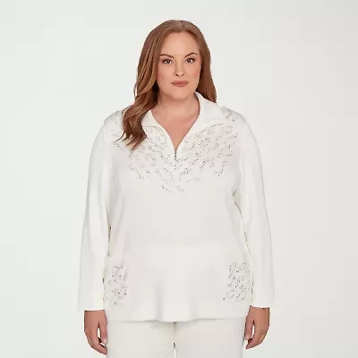 Alfred Dunner Vienna Womens Plus Mock Neck 3/4 Sleeve Quarter-Zip Pullover