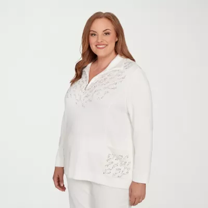 Alfred Dunner Vienna Womens Plus Mock Neck 3/4 Sleeve Quarter-Zip Pullover