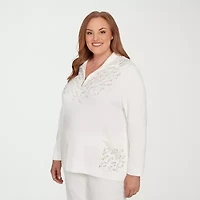 Alfred Dunner Vienna Womens Plus Mock Neck 3/4 Sleeve Quarter-Zip Pullover
