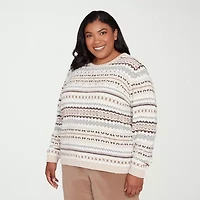 Alfred Dunner Plus Vienna Womens Crew Neck Long Sleeve Striped Pullover Sweater