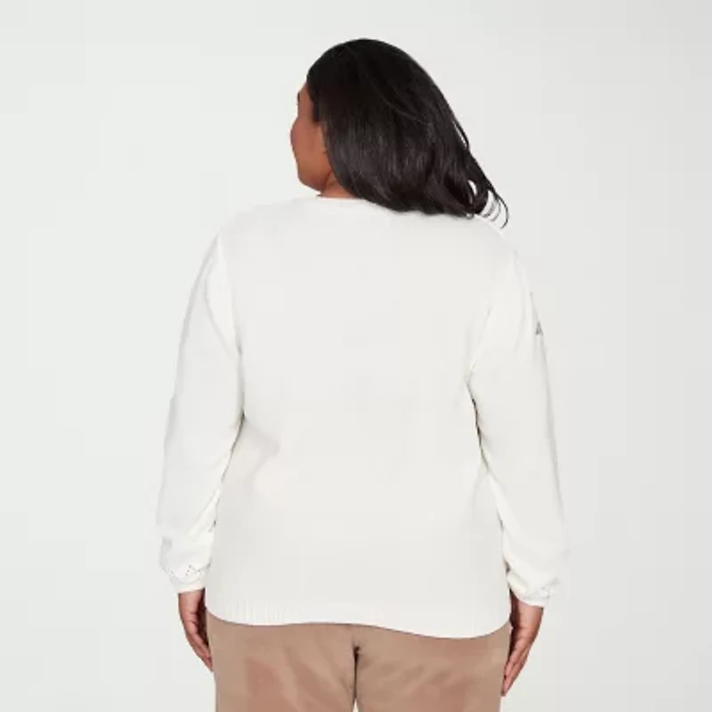 Alfred Dunner Plus Vienna Womens Crew Neck Long Sleeve Floral Pullover Sweater