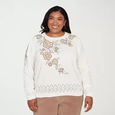 Alfred Dunner Plus Vienna Womens Crew Neck Long Sleeve Floral Pullover Sweater