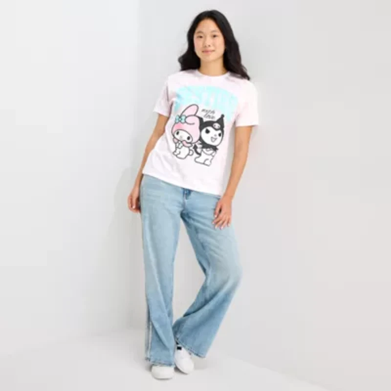 Womens Juniors Crew Neck Short Sleeve Regular Fit Kuromi My Melody Graphic T-Shirt