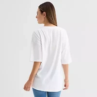 Bows Oversized Tee Womens Juniors Crew Neck Elbow Sleeve Regular Fit Graphic T-Shirt
