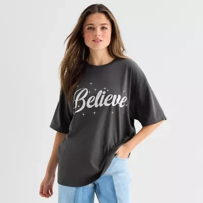 Believe Oversized Tee Womens Juniors Crew Neck Short Sleeve Regular Fit Graphic T-Shirt