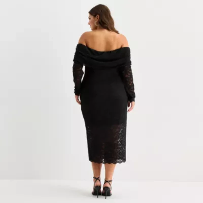 Premier Amour Off The Shoulder Womens Plus Long Sleeve Midi Sheath Dress