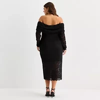 Premier Amour Off The Shoulder Womens Plus Long Sleeve Midi Sheath Dress