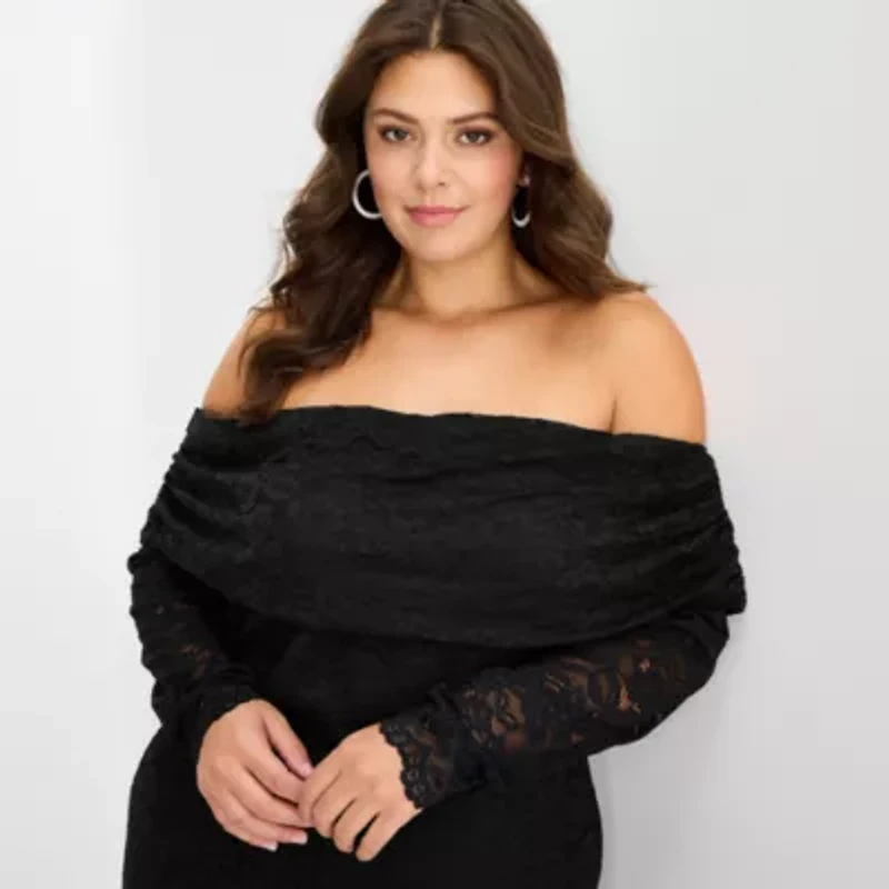 Premier Amour Off The Shoulder Womens Plus Long Sleeve Midi Sheath Dress