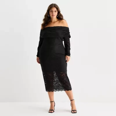 Premier Amour Off The Shoulder Womens Plus Long Sleeve Midi Sheath Dress