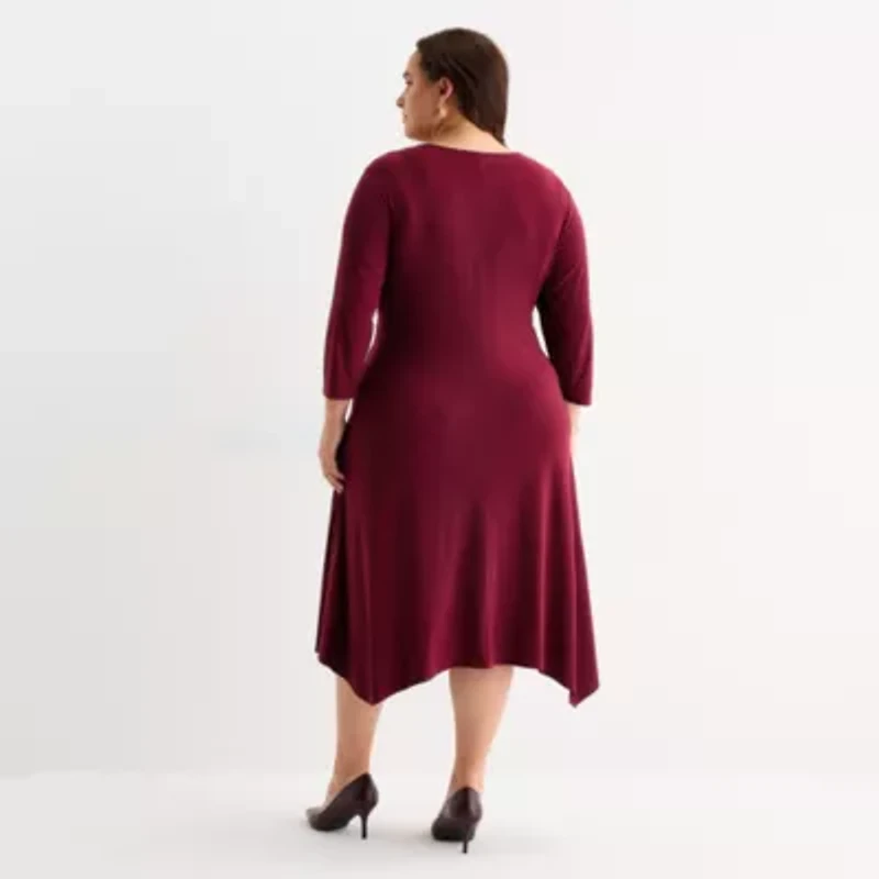 Perceptions Womens Plus 3/4 Sleeve Midi Fit + Flare Dress